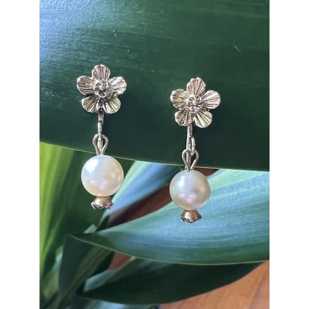Vintage Emmons Clip On Earrings Faux Pearl Drop Gold Tone Floral Rhinestone USA